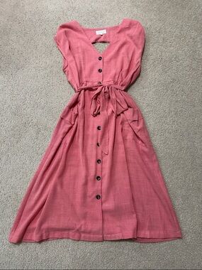 MELLODAY Pink Red Chambray Button-Front Cutout Back Midi Dress with Tie Waist